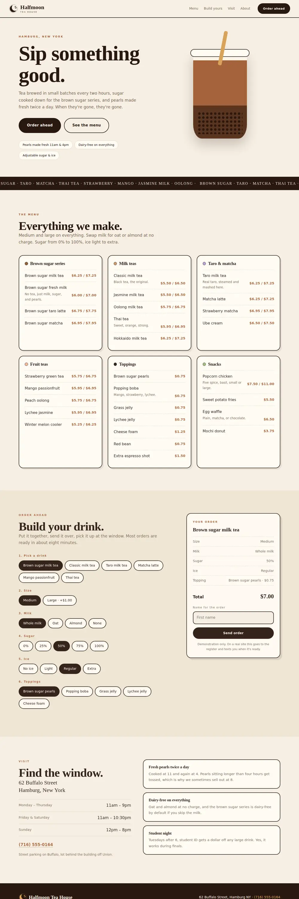Halfmoon Tea House demo site, desktop view