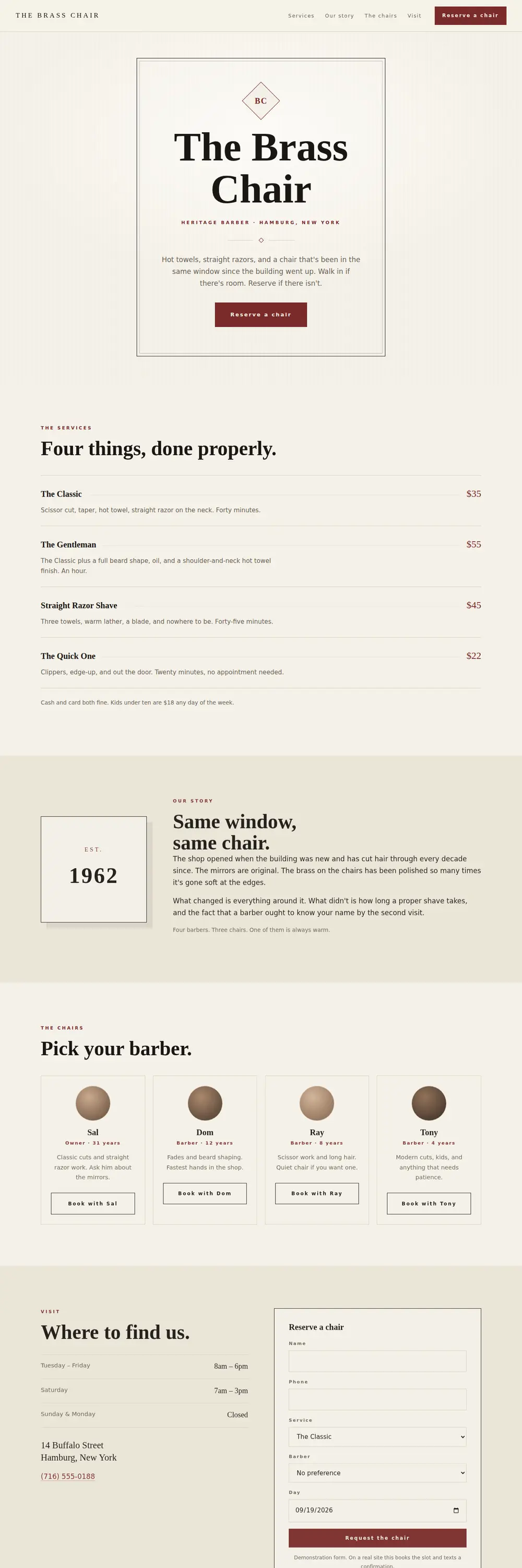 The Brass Chair demo site, desktop view