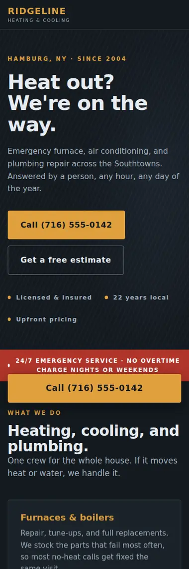 Ridgeline Heating & Cooling demo site, phone view